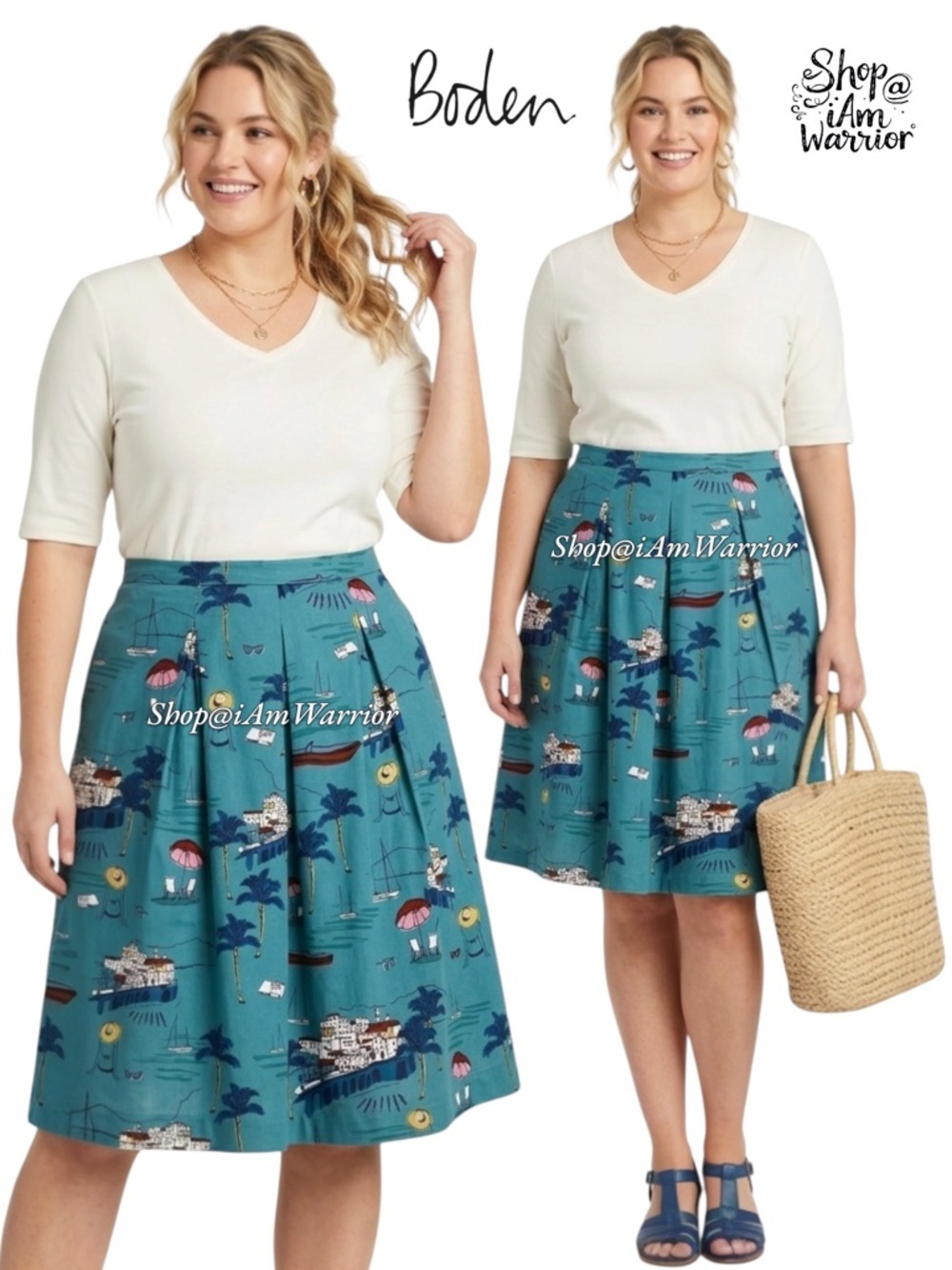 Boden A-Line Cotton Blue Midi Skirt In Coastal/Rivera Print *Shop@Iamwarior